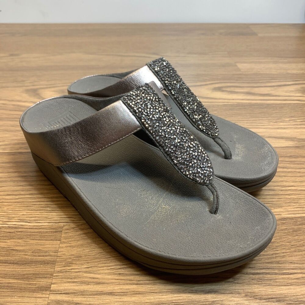 Fitflop Fino Silver Glitzy Toe Post Wedge Sandals Size 7 Glitter